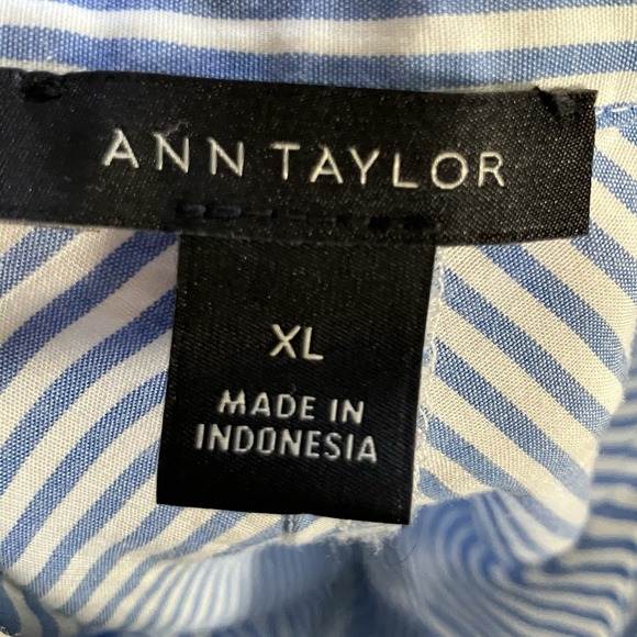 Ann Taylor Shirt Womens Sz XL Blue White Striped Long-Sleeve Blouse Tie Waist - Picture 5 of 7
